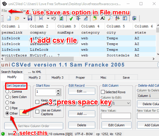 uniCSVed interface