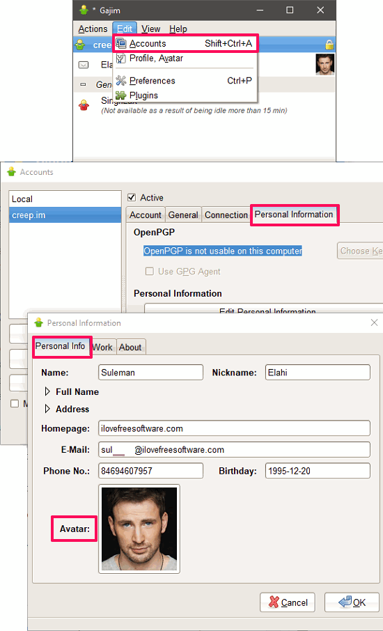 Gajim Personal Info