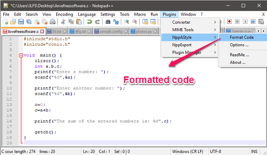 NppAStyle Notepad++ plugin code fomatter