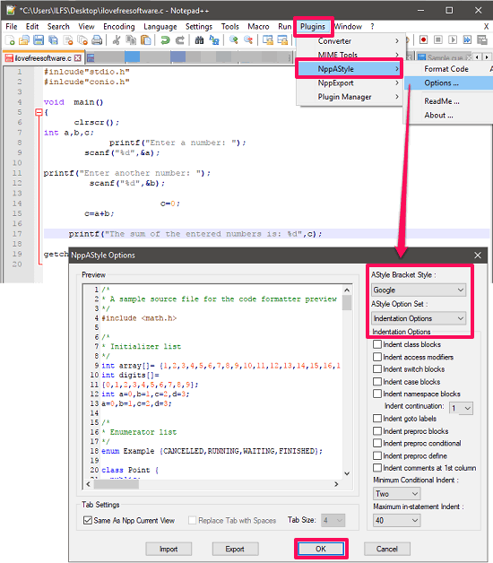 NppAStyle Notepad++ plugin options