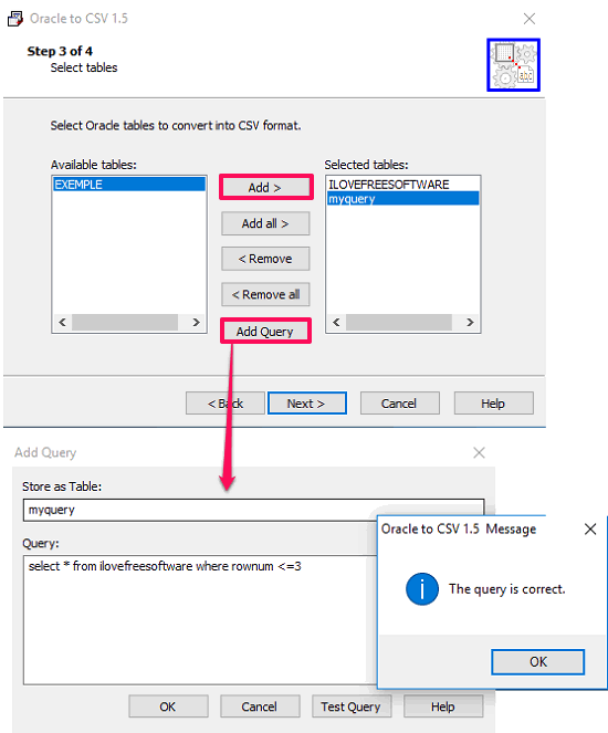 Oracle-to-CSV specify table, sql