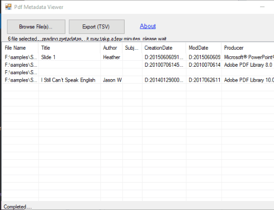 Pdf Metadata Viewer interface