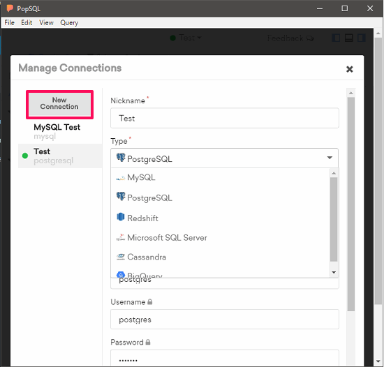 PopSQL manage connections