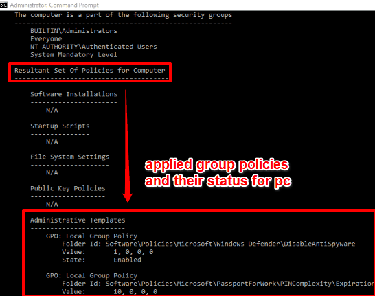 applied group policies and their status for whole pc