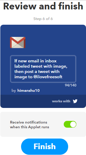 create the applet to auto upload gmail emails as tweet with image