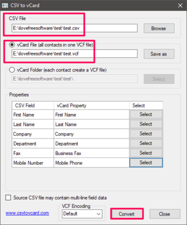 csv to Vcard in action