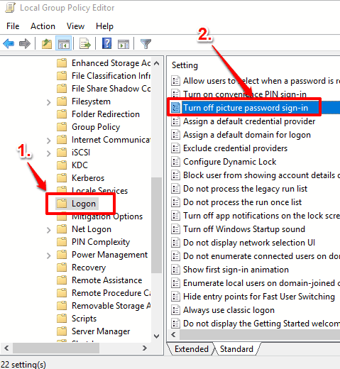 find logon folder and double click turn off picture password sign in option