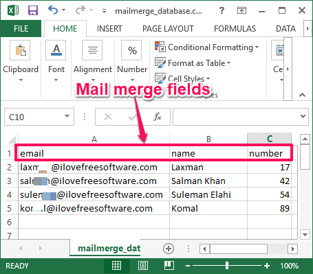 mail merge fields