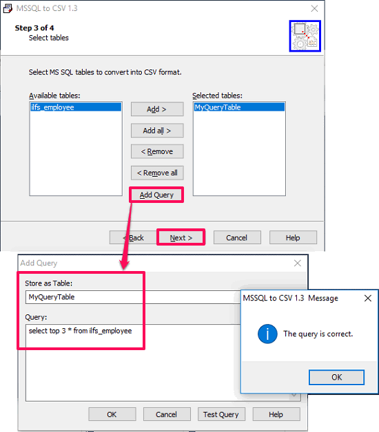 mssql to csv specific tables query