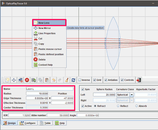 opticalraytracer lens parameters