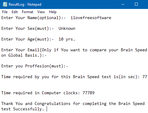 result log of brain speed test