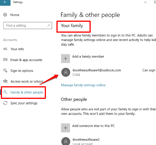 access family and other people option to see family member accounts