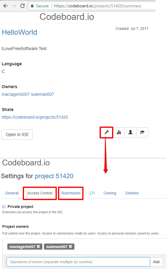 codeboard project properties