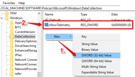 create allowtelemetry dword value