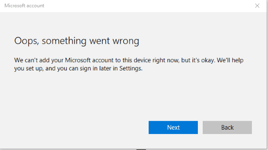 error while adding a new microsoft user account in windows 10