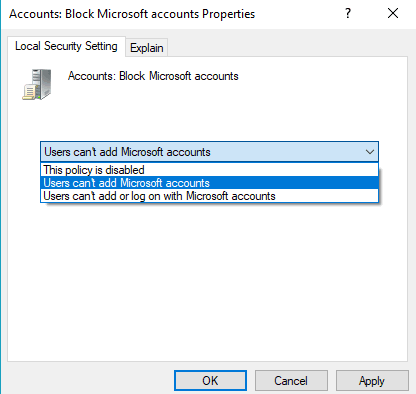 select users can't add microsoft accounts option