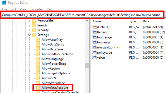 access allowyouraccount registry key