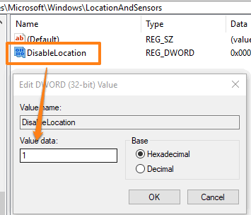 add 1 in value data of disablelocation dword