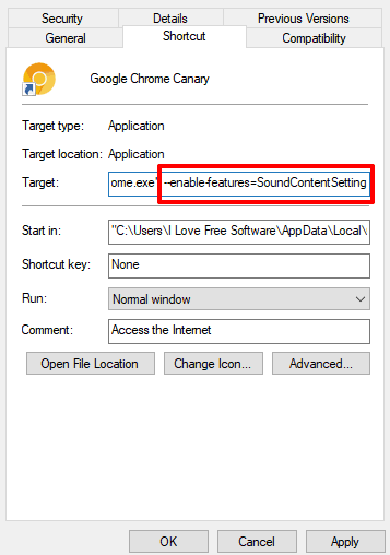 add --enable-features=SoundContentSetting in target field