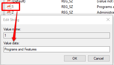 enter name of control panel item in value data