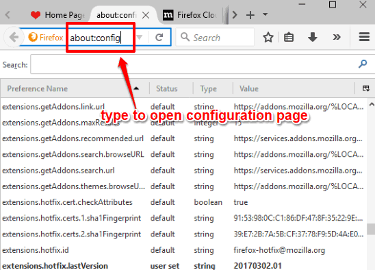 open firefox configuration page