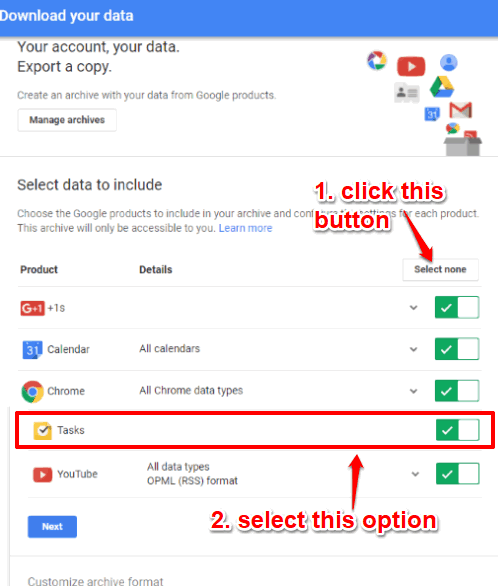 select tasks option