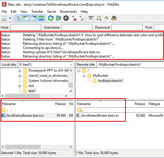 FileZilla file transfer in action