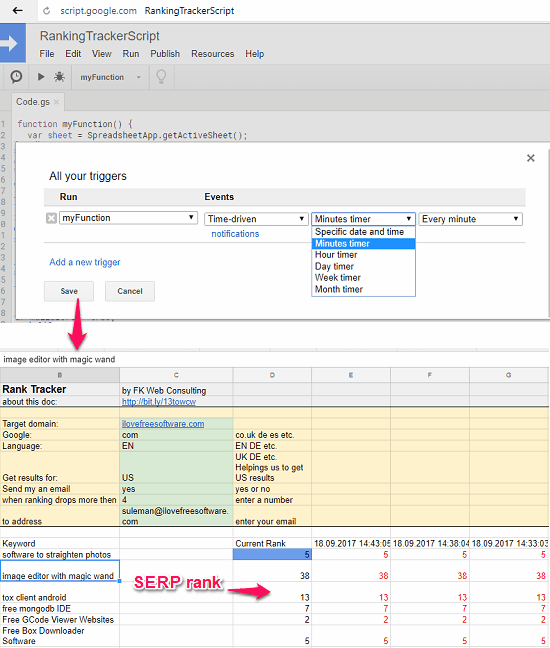 Keyword Position Tracker Google Sheet tyrigger and output