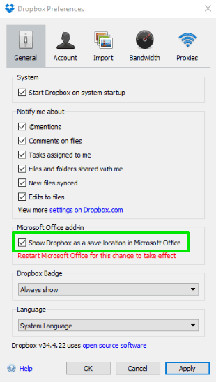 enable show dropbox as a save location in Microsoft Office
