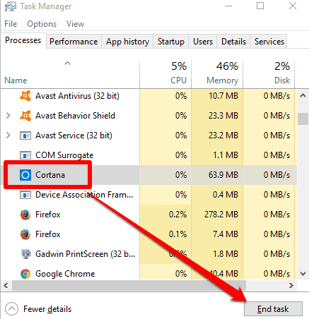 restart cortana process using task manager