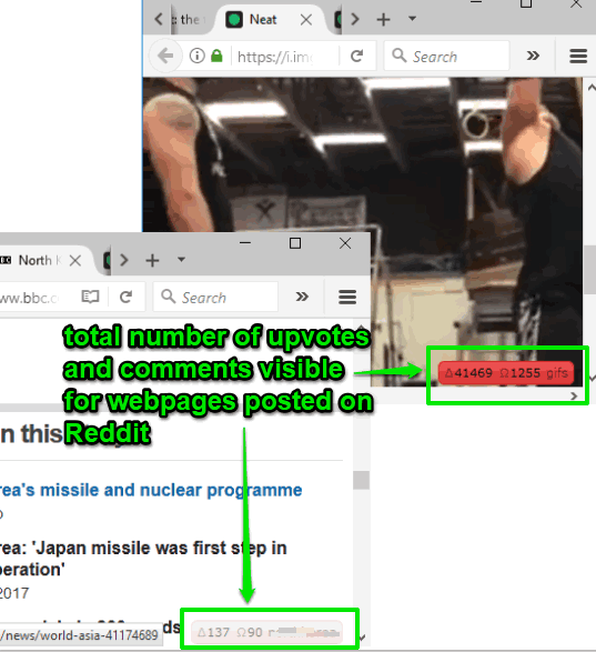 total number of upvotes and comments visible for webpages posted on reddit