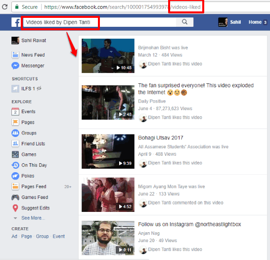 videos liked by facebook user