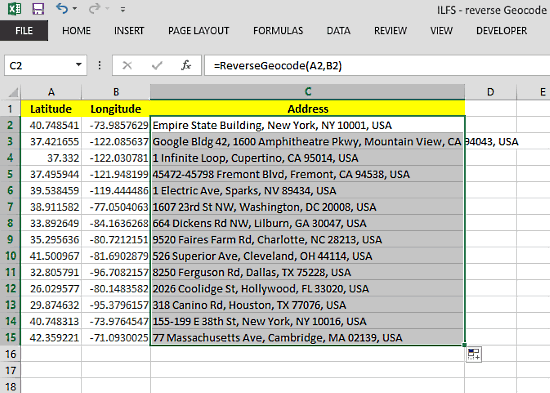 ms excel google geocoding api