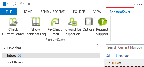 ransomsaver tab on outlook interface