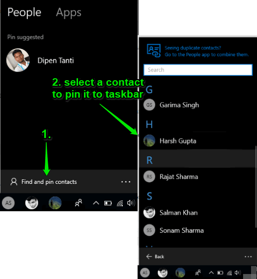 select a contact to pin it to taskbar