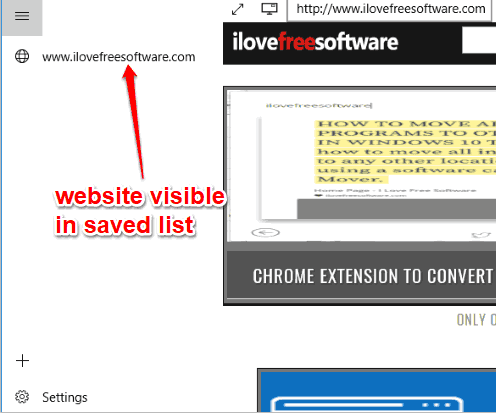 website visible in saved list