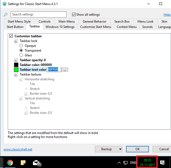 Classic Shell to Change system clock color