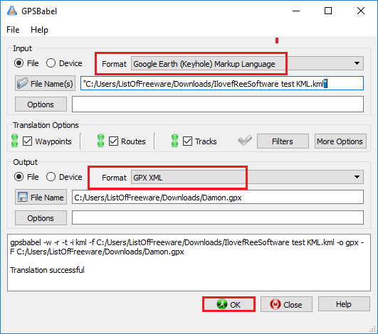 GPSBabel kml to gpx converter