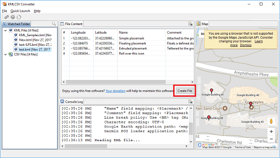 KMLCSV conveter convert kml to csv free