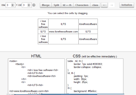 Table Tag Generator- interface