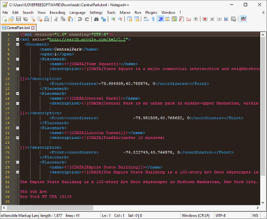 Notepad++: edit kml file