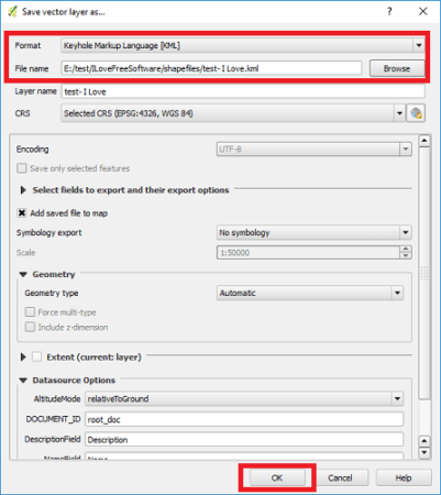 QGIS save shapefile shp as kml