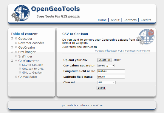 OpenGeoTools: online csv to geojson converter