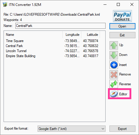 ITNConv: kml editor