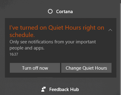 Quiet Hours turned on windows 10