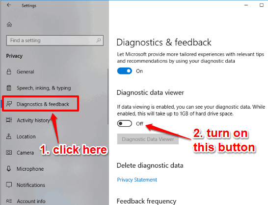 access diagnostics and feedback and then turn on diagnostic data viewer button