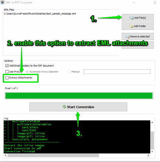 add eml files, enable extract attachments and begin conversion