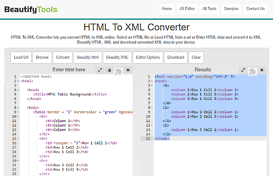 BeautifyTools: convert html to xml