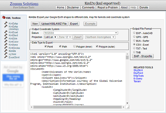 Zonums: kmz to csv