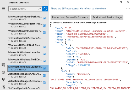 list of events and information visible in diagnostic data viewer